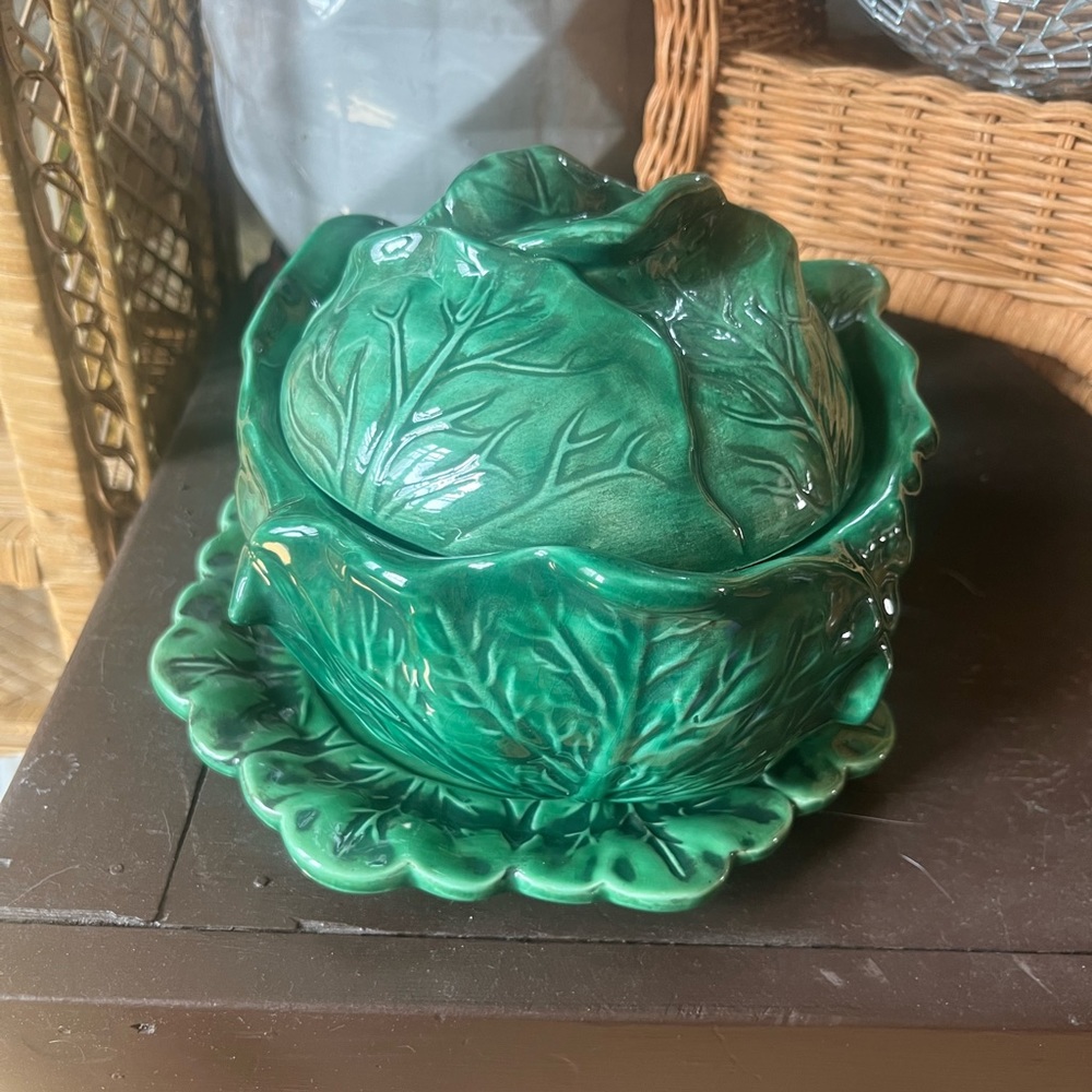 Vintage Holland Mold Cabbage Lettuce Covered Bowl Tureen With Lid Plate